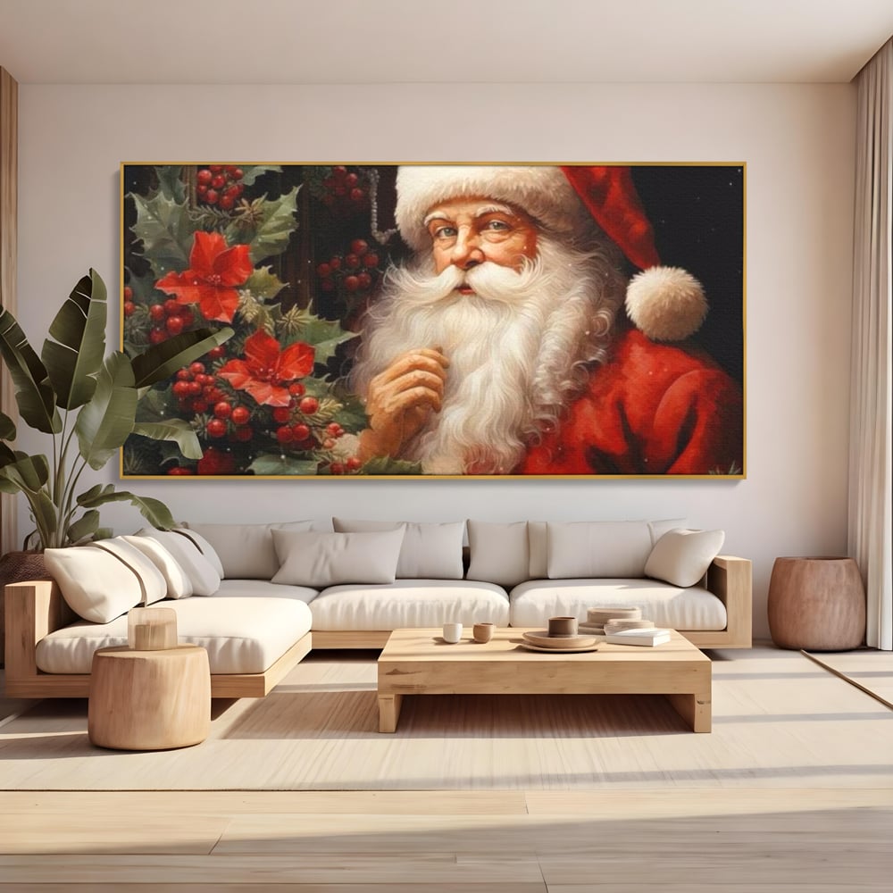 Tablou canvas cu tablou canvas cu mos craciun, in rama de aluminiu auriu, pe perete intr-un living